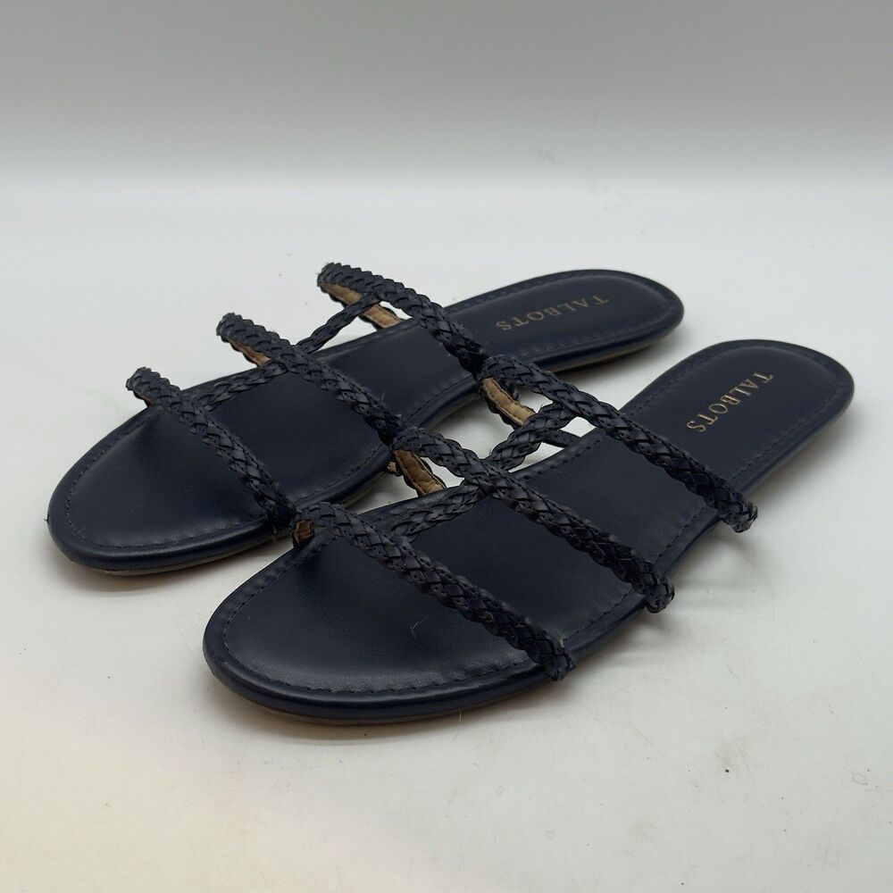 Talbots Sadie Braided Open Toe Slides Women’s 9M Navy Blue Cage Flats Gladiator